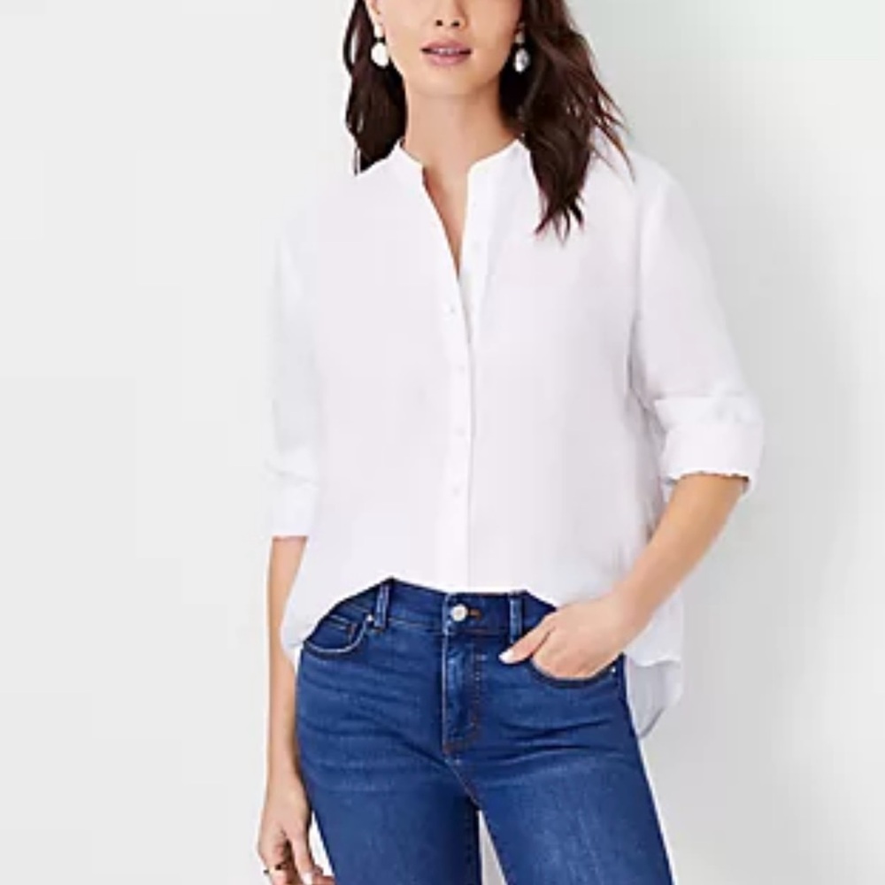 Ann Taylor Women's Relaxed Linen Perfect White Button Down Shirt size Large